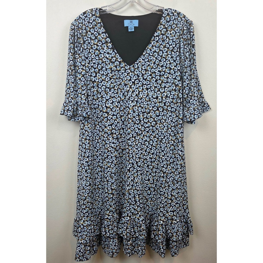 CeCe Women Floral V-Neck Ruffle Sleeve Tiered Flounce Hem Shift Dress Blue Large